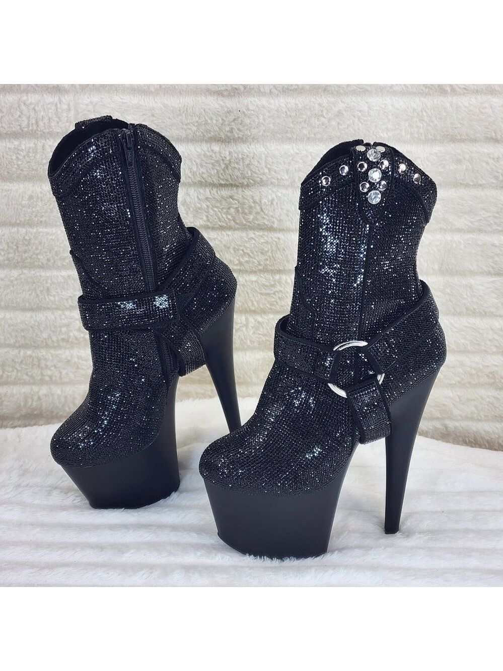 Black Rhinestone High Heel Platform Sexy Western Cowgirl Ankle Boots 1029 - Picture 3 of 10